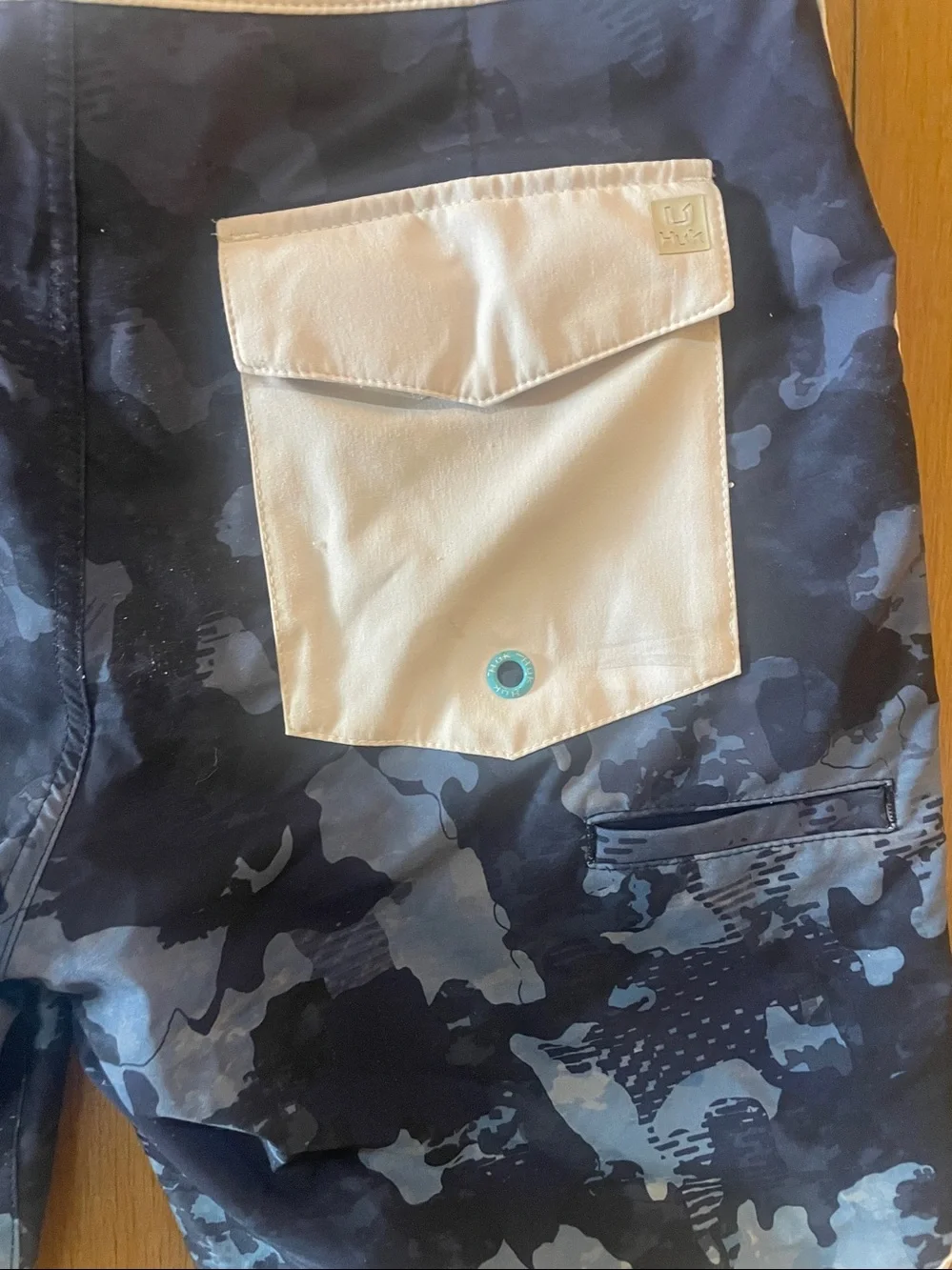 Huk Men's Navy & Light Blue Camo Board Shorts with White Waistband- size 28